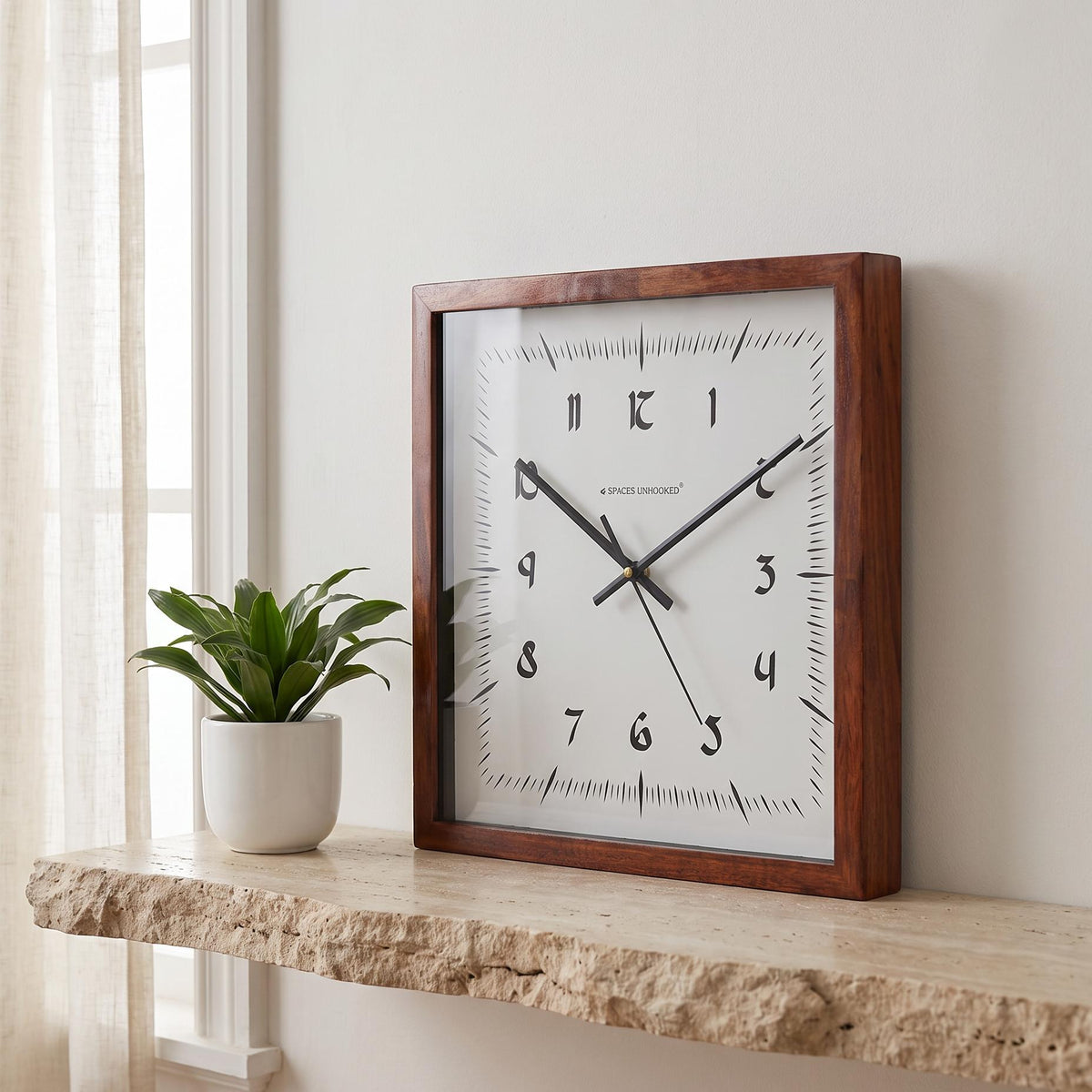 Spaces Unhooked Square Wooden Wall Clock, Vintage Sunburst Dial