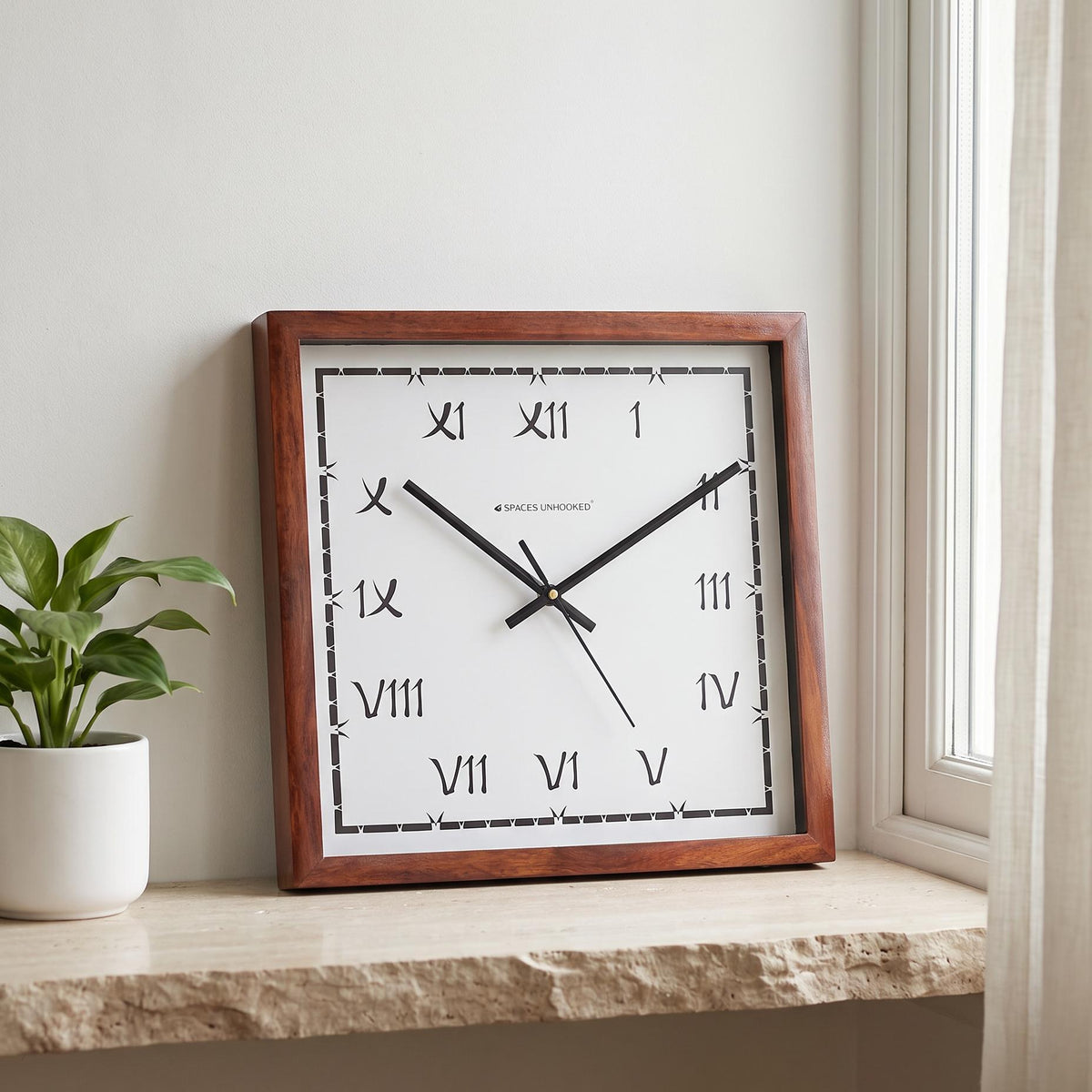 Spaces Unhooked Square Wooden Wall Clock, Quirky Roman Numerals
