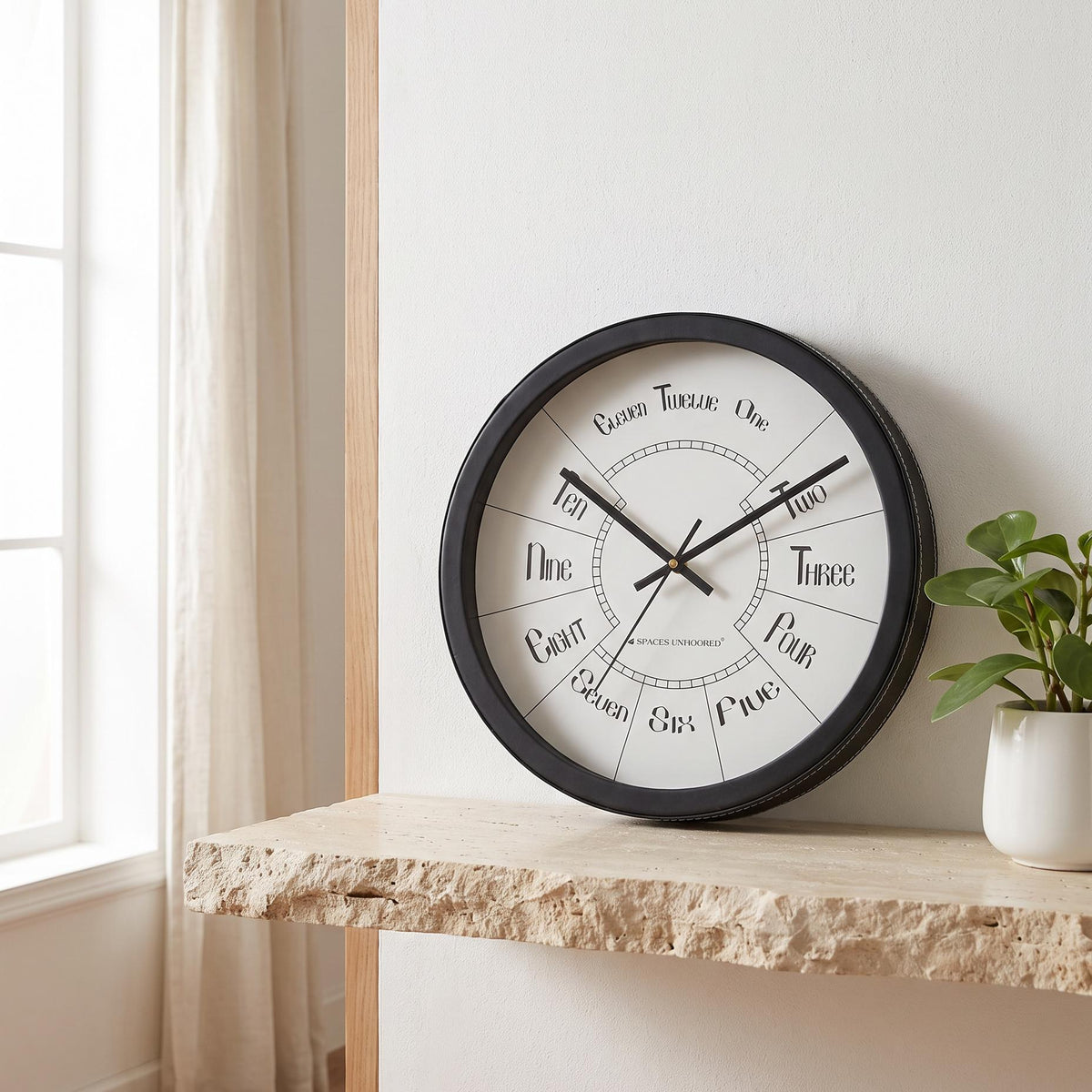 Spaces Unhooked Round Wall Clock, Number Words Dial, Black Frame