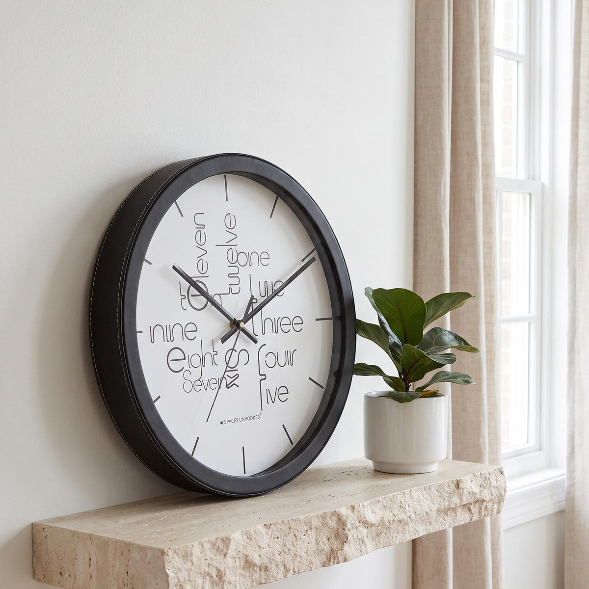 Spaces Unhooked Round Wall Clock, Typography Number Words, Black Frame