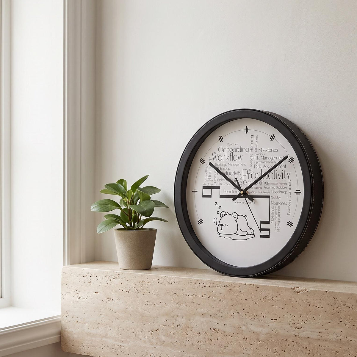 Spaces Unhooked Office Wall Clock, Word Cloud, Sleepy Bear