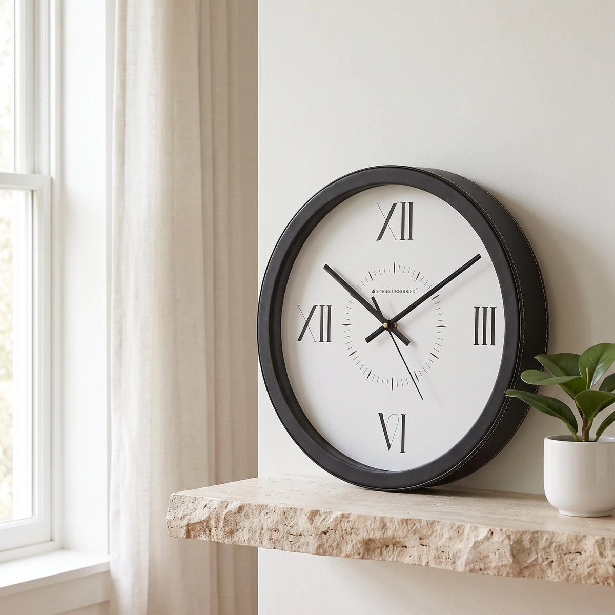Spaces Unhooked Round Wall Clock, Roman Numerals at 12 3 6 9, Black