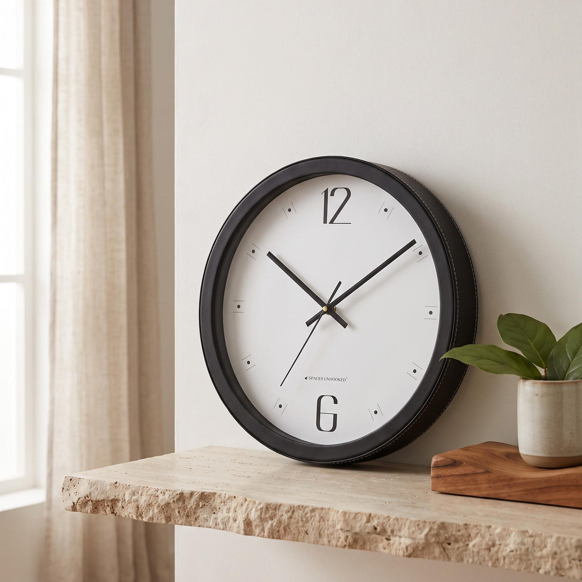 Spaces Unhooked Minimalist Round Wall Clock, 12 and 6 Numerals, Black