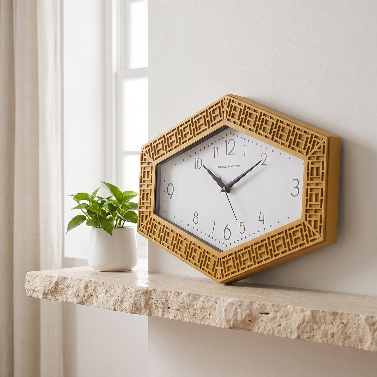 Spaces Unhooked Hexagonal Wall Clock, Mustard Gold Lattice Frame
