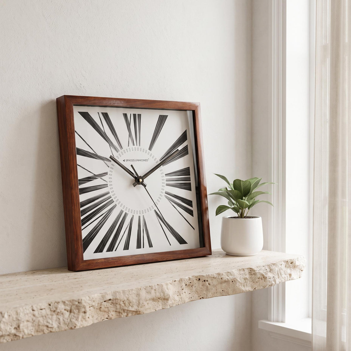 Spaces Unhooked Square Wooden Wall Clock, Tapered Roman Numerals