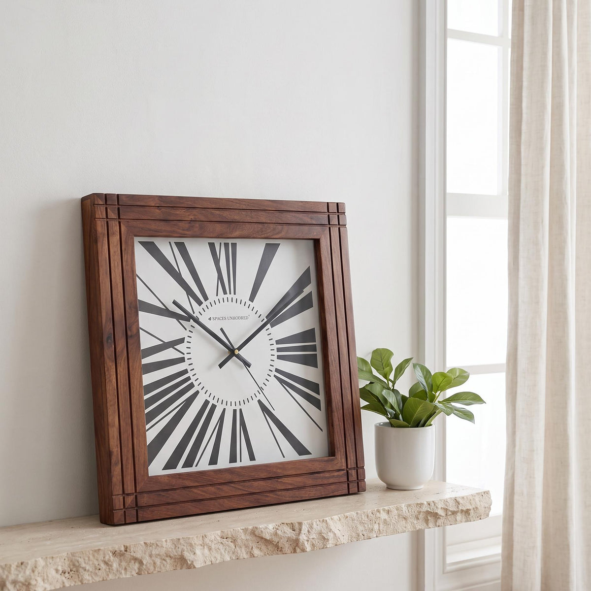 Spaces Unhooked Square Wooden Wall Clock, Grooved Roman Numerals