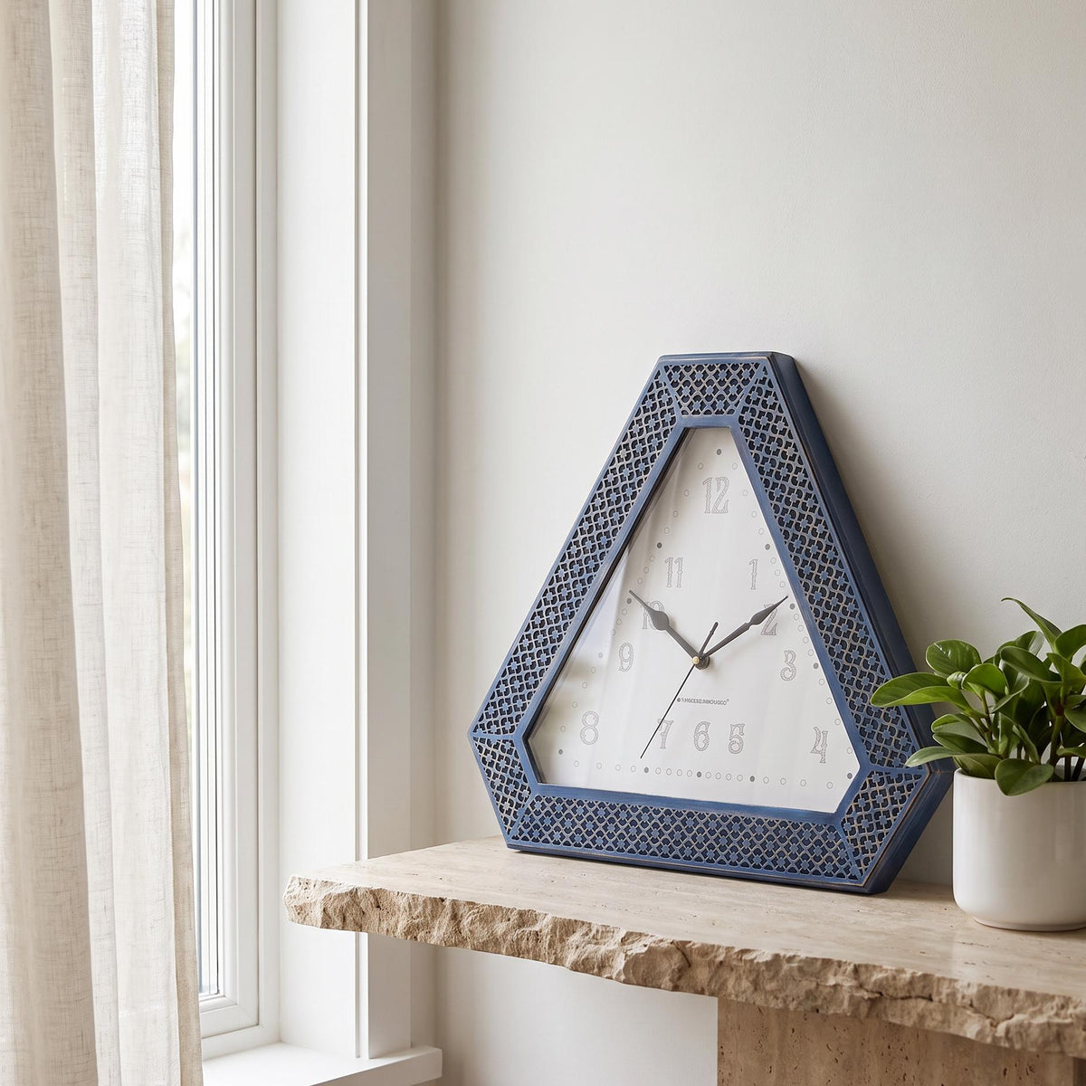 Spaces Unhooked Triangular Wall Clock, Blue Lattice Frame, White Dial