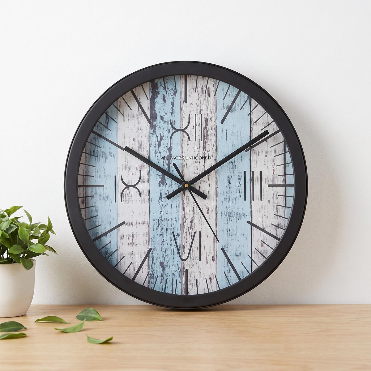Spaces Unhooked Blue Distressed Plank Round Wall Clock