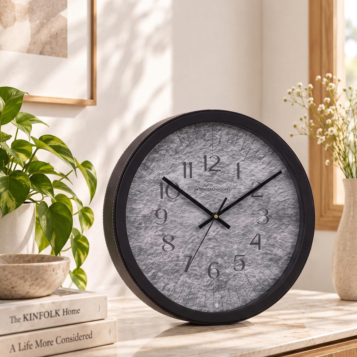 Spaces Unhooked Grey Stone Texture Round Wall Clock, Slate Look