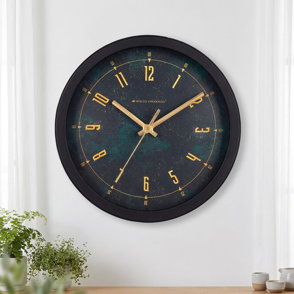 Spaces Unhooked Green Patina Round Wall Clock, Gold Numerals