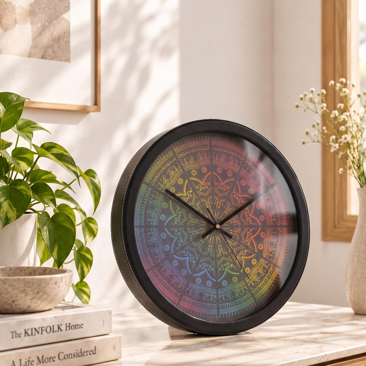 Spaces Unhooked Rainbow Mandala Round Wall Clock, Dark Dial