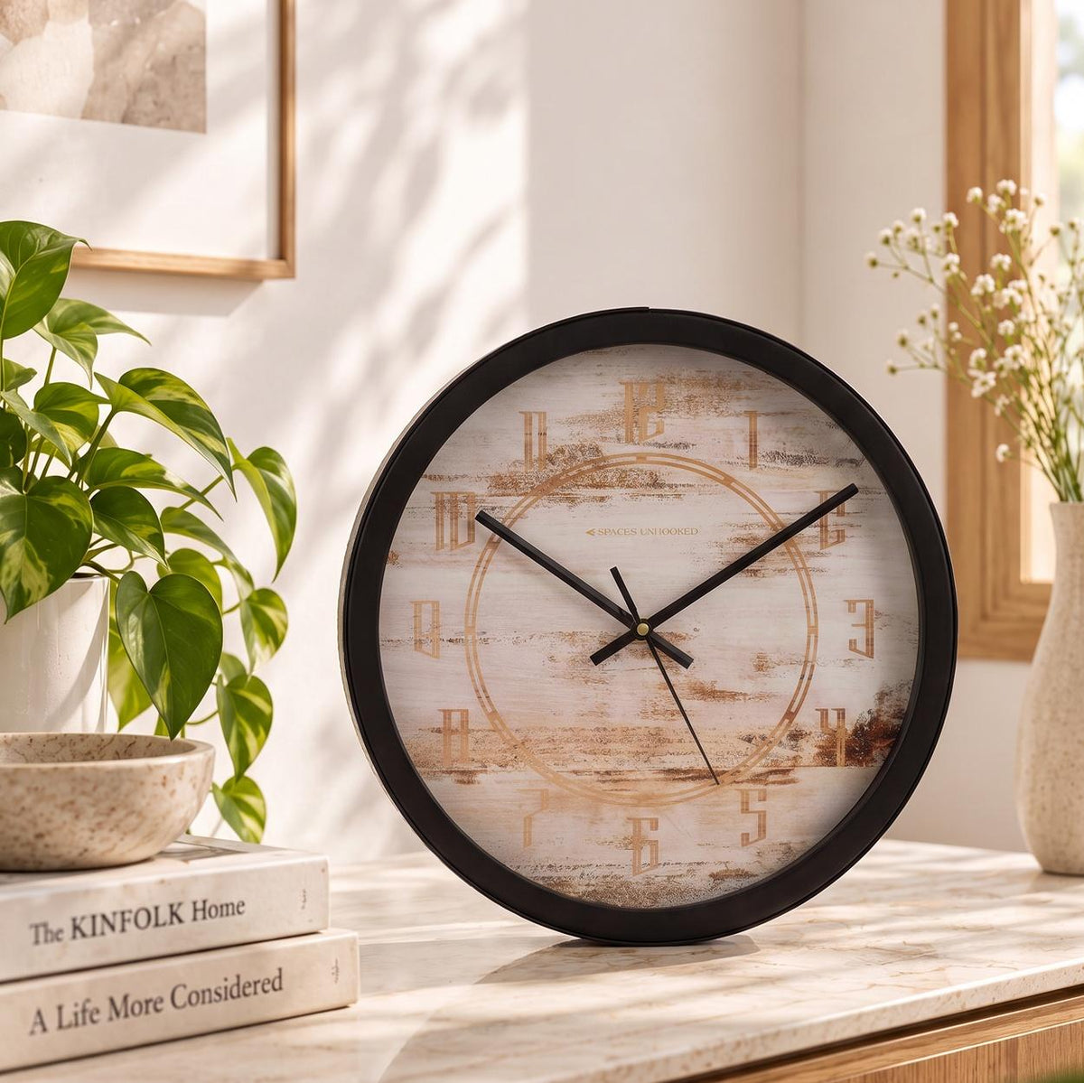 Spaces Unhooked Whitewashed Wood Look Round Wall Clock, Copper