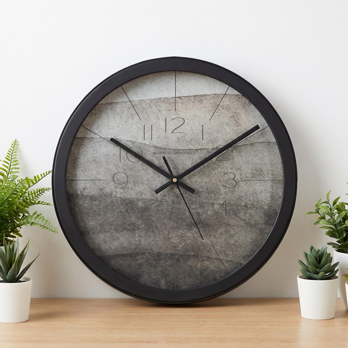 Spaces Unhooked Grey Watercolour Round Wall Clock, Calm Tones