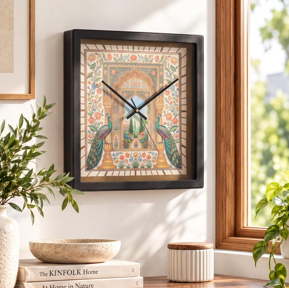 Peacock garden art wall clock on a hallway wall beside a family portrait