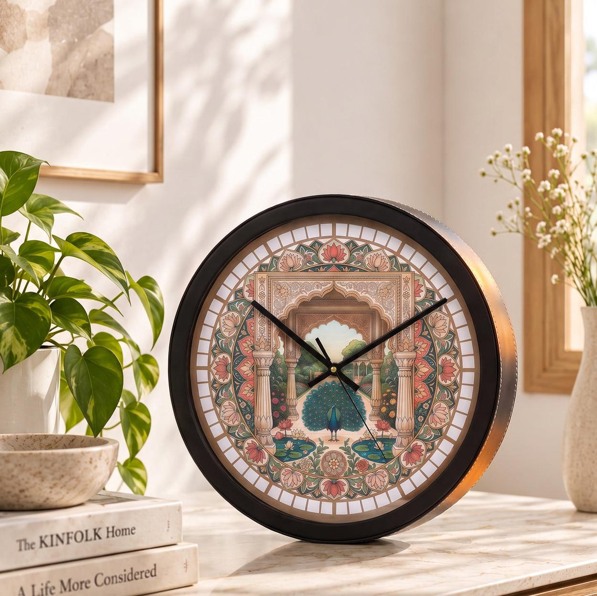 Spaces Unhooked Peacock Indian Art Round Wall Clock, Floral