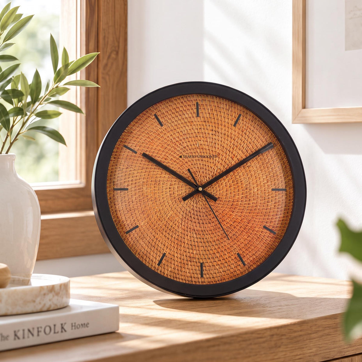 Spaces Unhooked Rattan Weave Look Round Wall Clock, Bar Markers