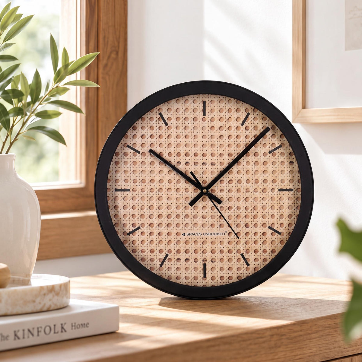 Spaces Unhooked Rattan Cane Look Round Wall Clock, Boho