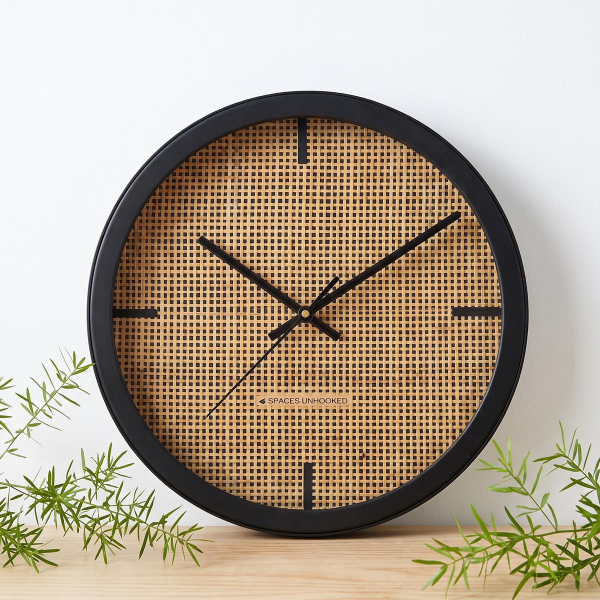 Spaces Unhooked Woven Cane Look Round Wall Clock, Honey Tone