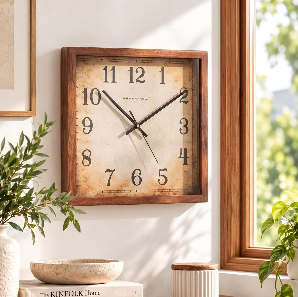 Spaces Unhooked vintage square wooden wall clock with antique parchment-style dial, front view