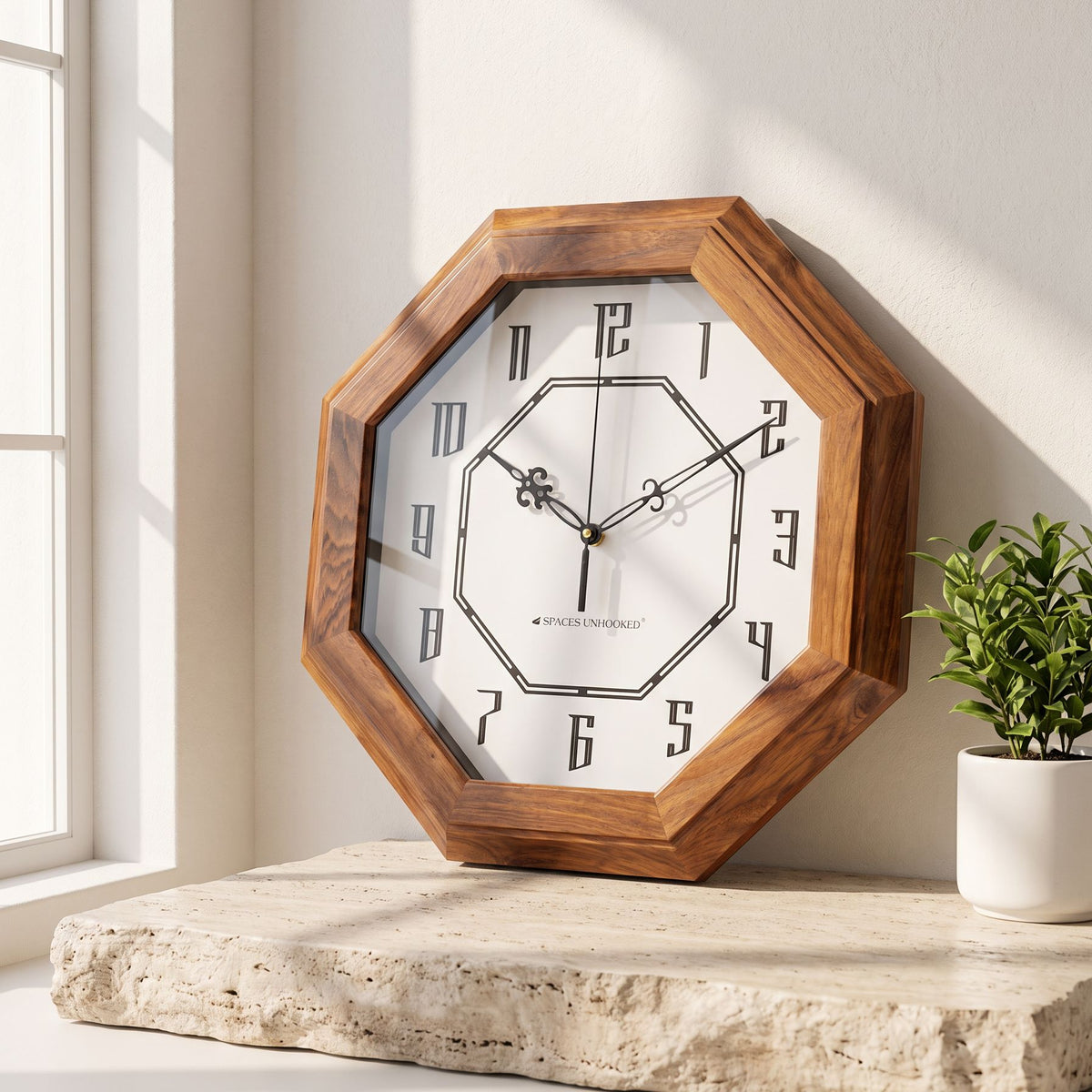 Wooden Wall Clock Brown Octagon Vintage Antique Silent Living Room