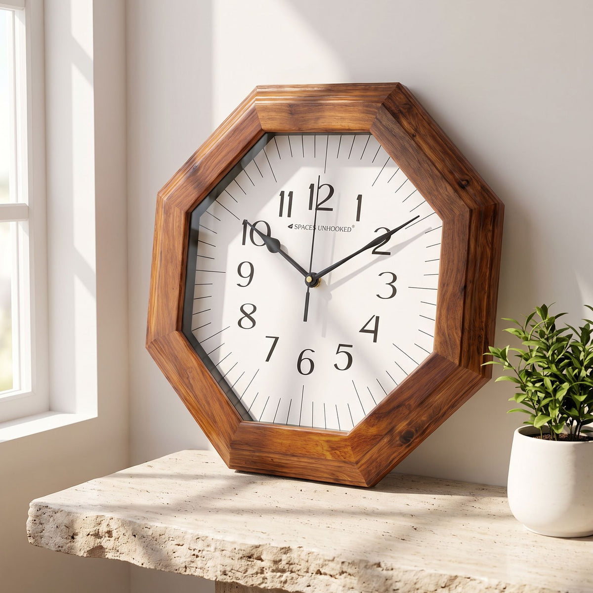 Wooden Wall Clock Brown Octagon Natural Grain Analog Silent Living Room