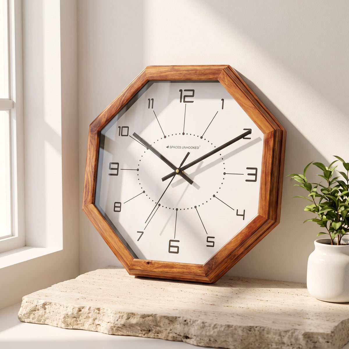 Wooden Wall Clock Brown Octagon Modern Geometric Silent Living Room