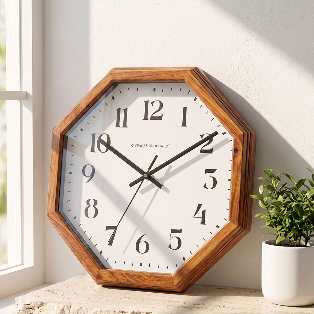 Wooden Wall Clock Octagon Brown Analog Silent for Living Room & Hall