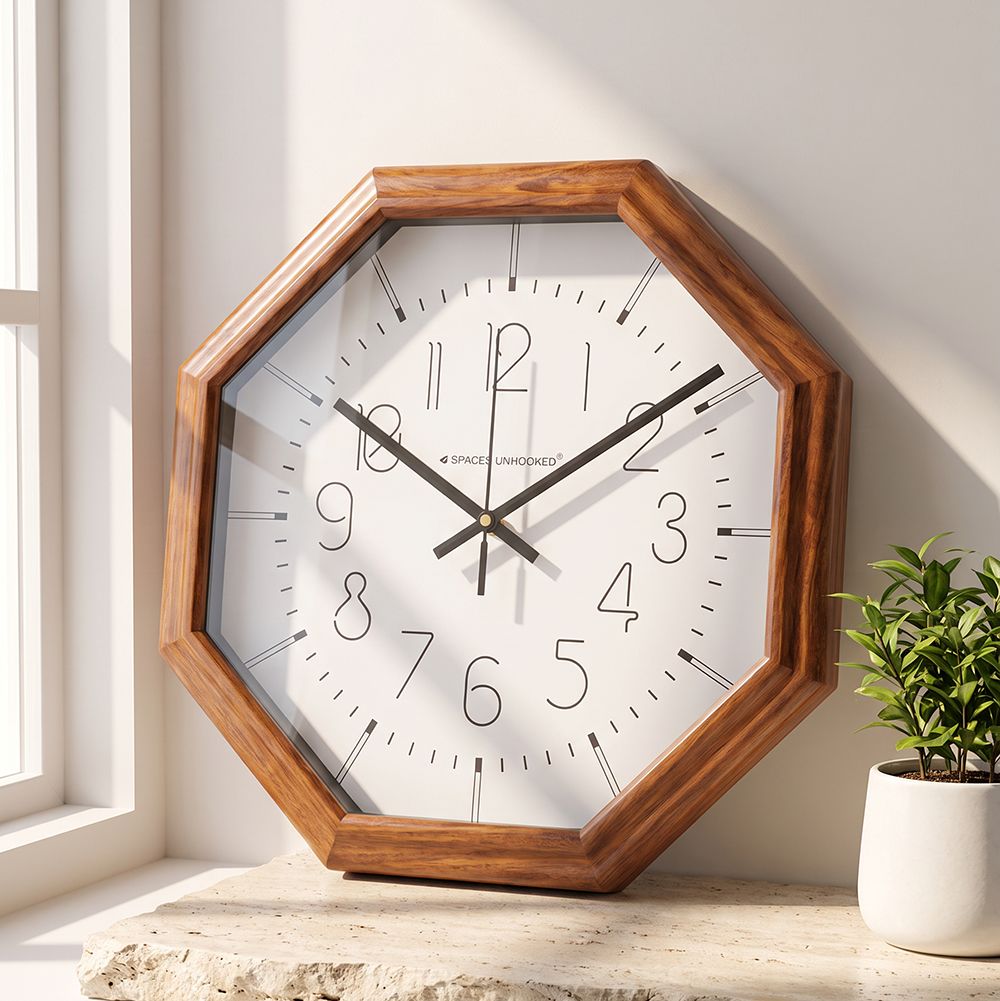 Wooden Wall Clock Brown Octagon Analog Silent for Living Room Hall Bedroom