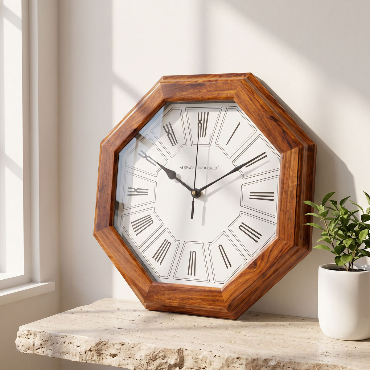 Wooden Wall Clock with Roman Numerals Brown Octagon Silent Vintage