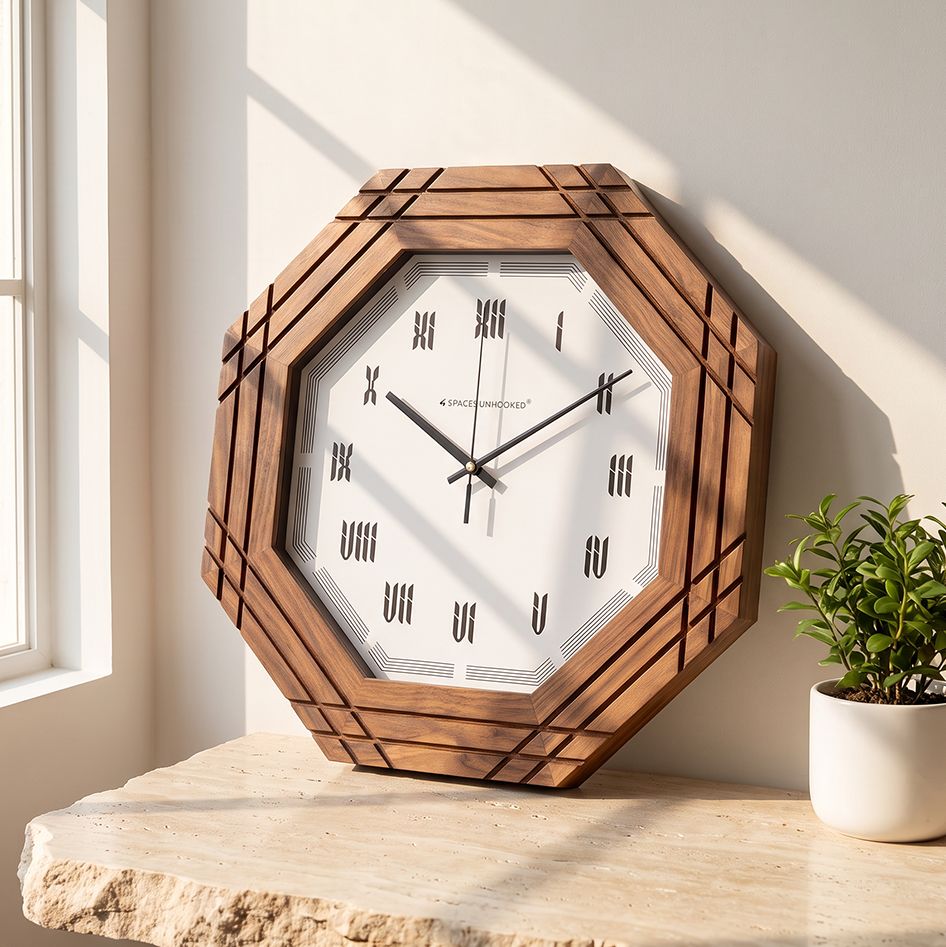 Wooden Wall Clock Octagonal Roman Numeral Walnut for Living Room