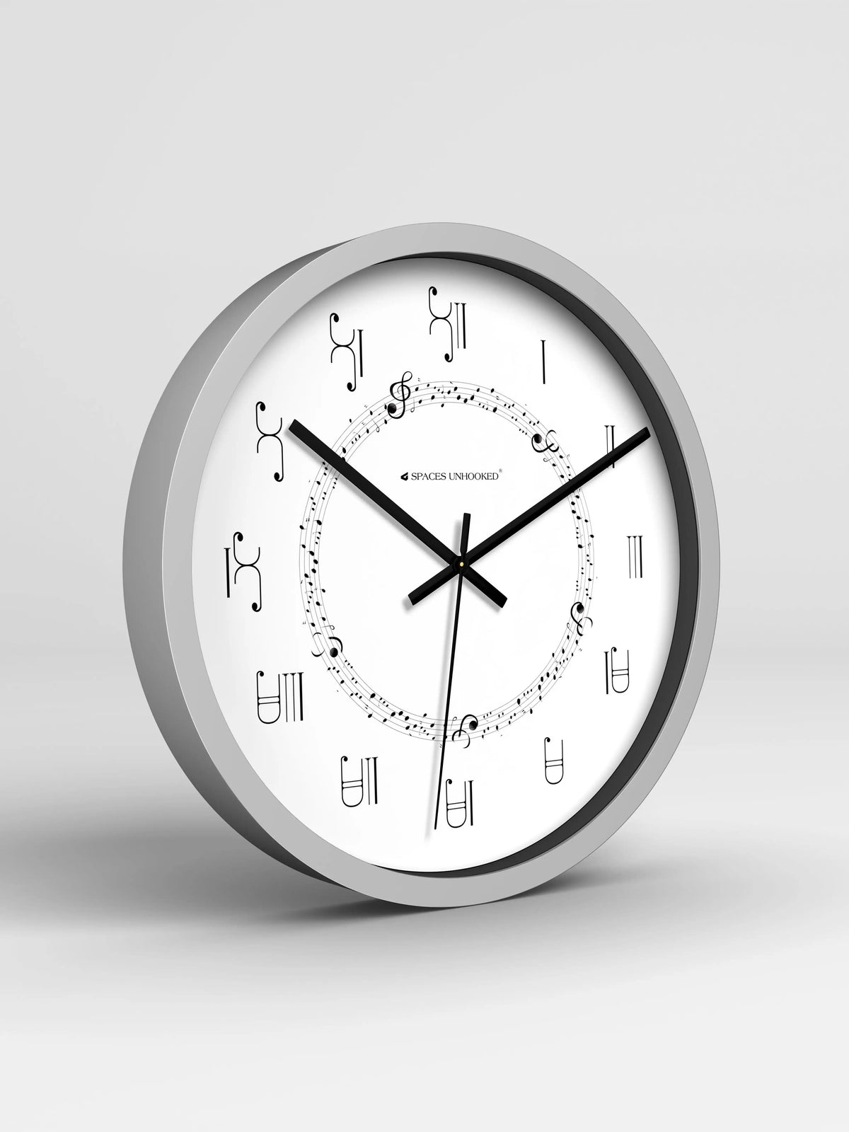 Wall clock with musical notes on a white background