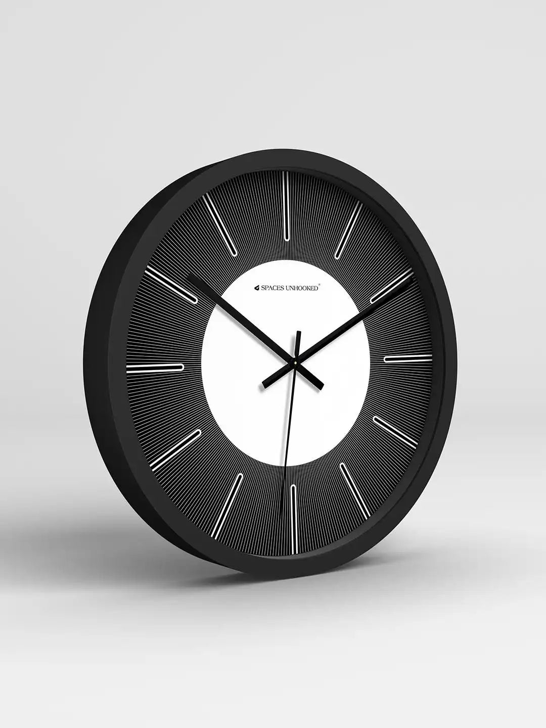 Grey – Premium wall clock in black frame shown at angled 3D view