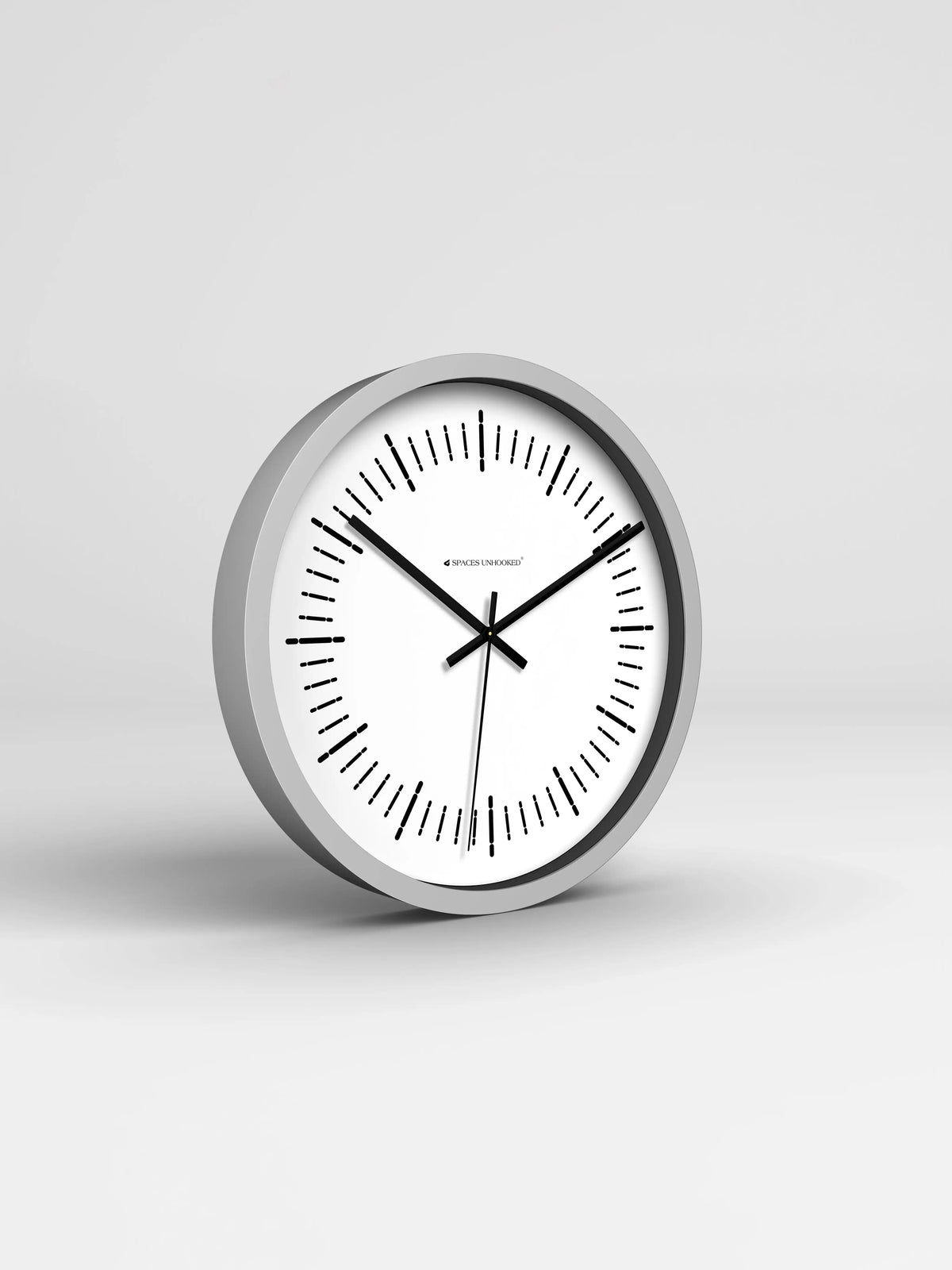 Grey – Premium wall clock in silver frame shown at angled 3D view