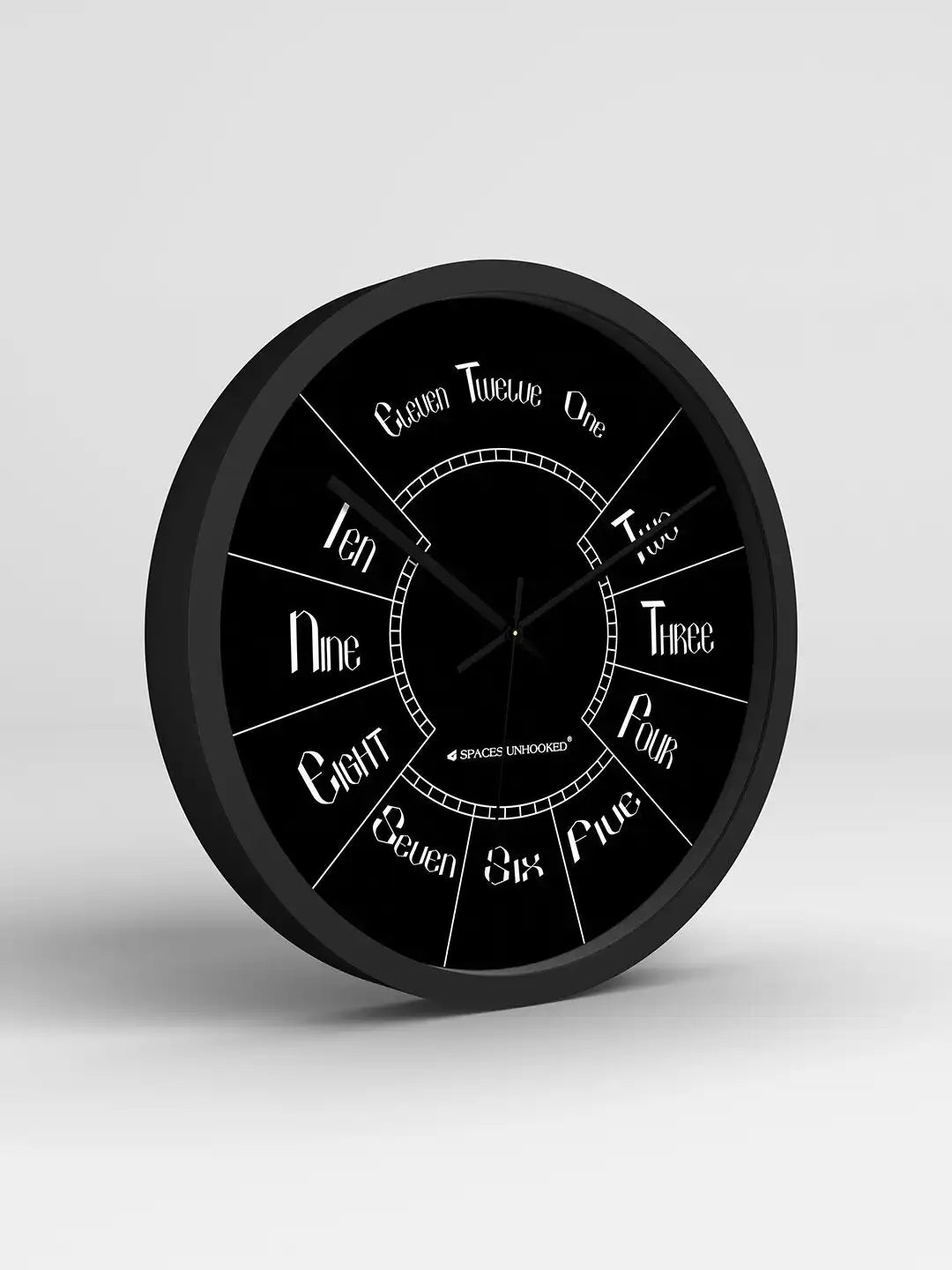 Grey – Premium wall clock in black frame shown at angled 3D view