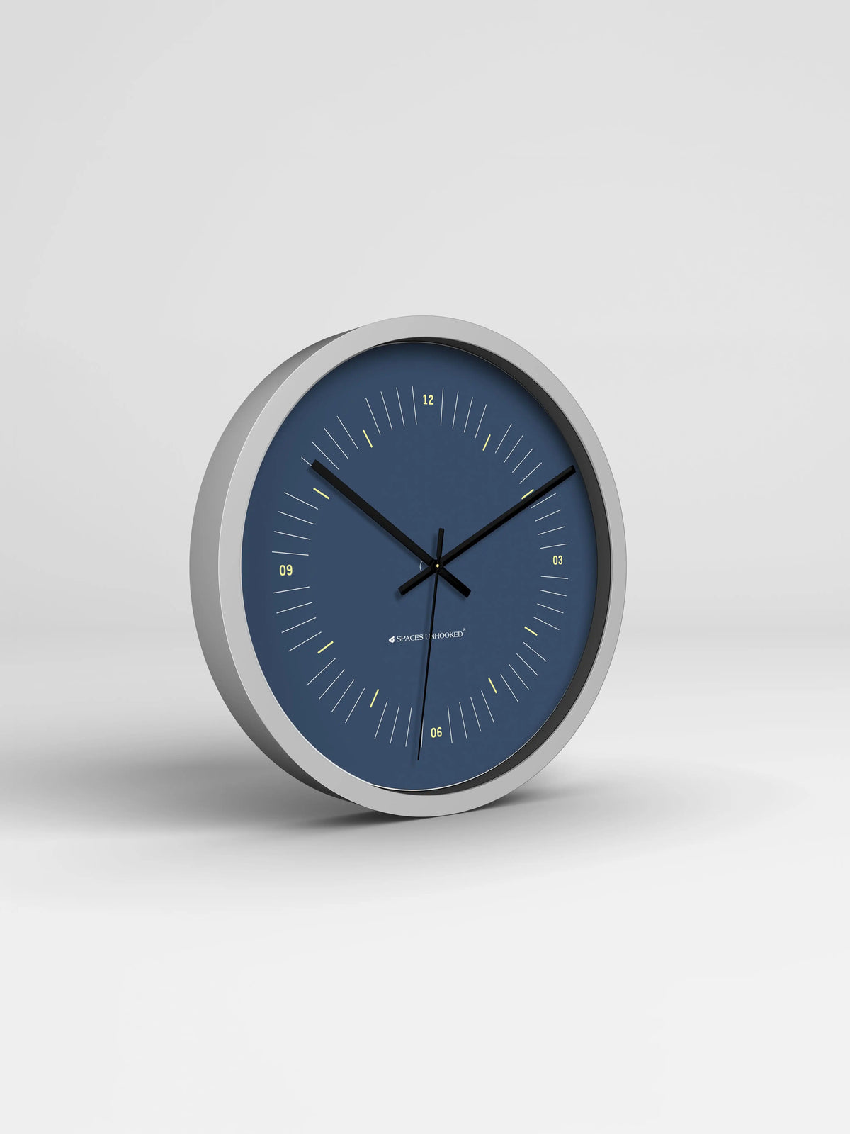 Grey – Premium wall clock in silver frame shown at angled 3D view