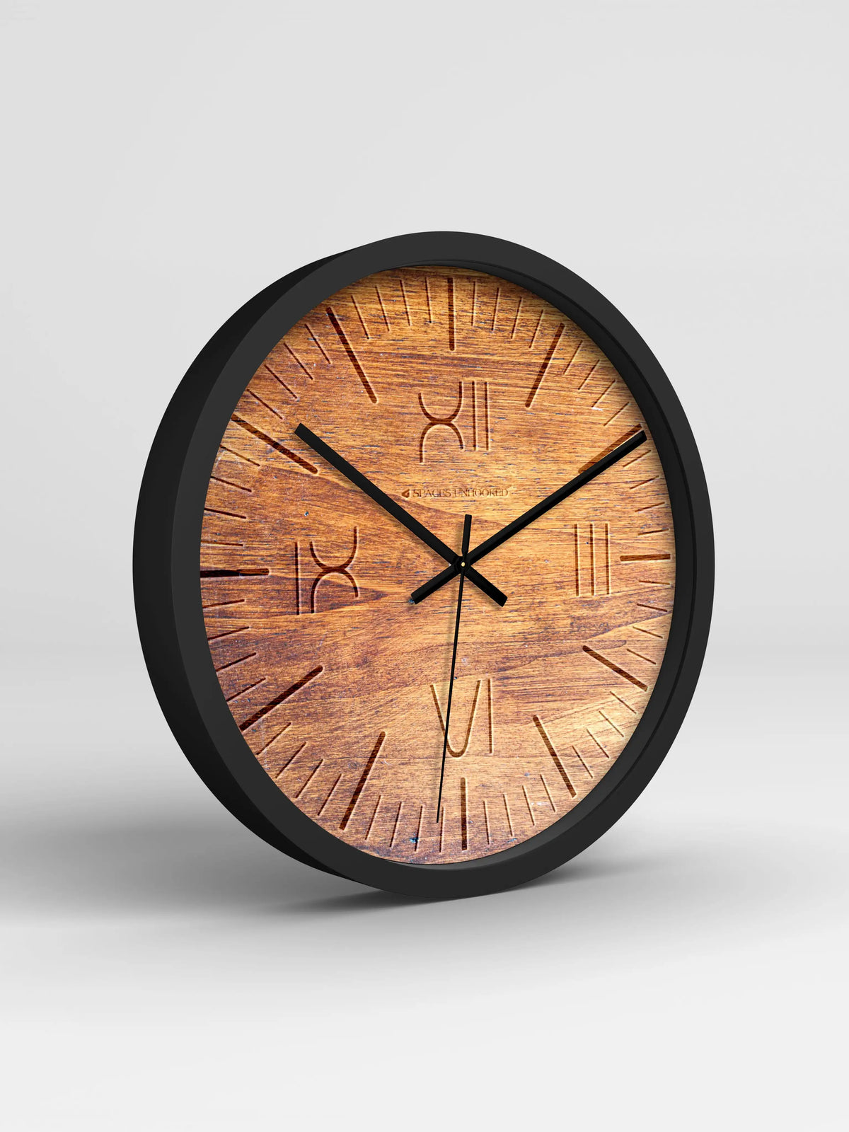 Grey – Premium wooden wall clock shown at angled 3D view with engraved dial