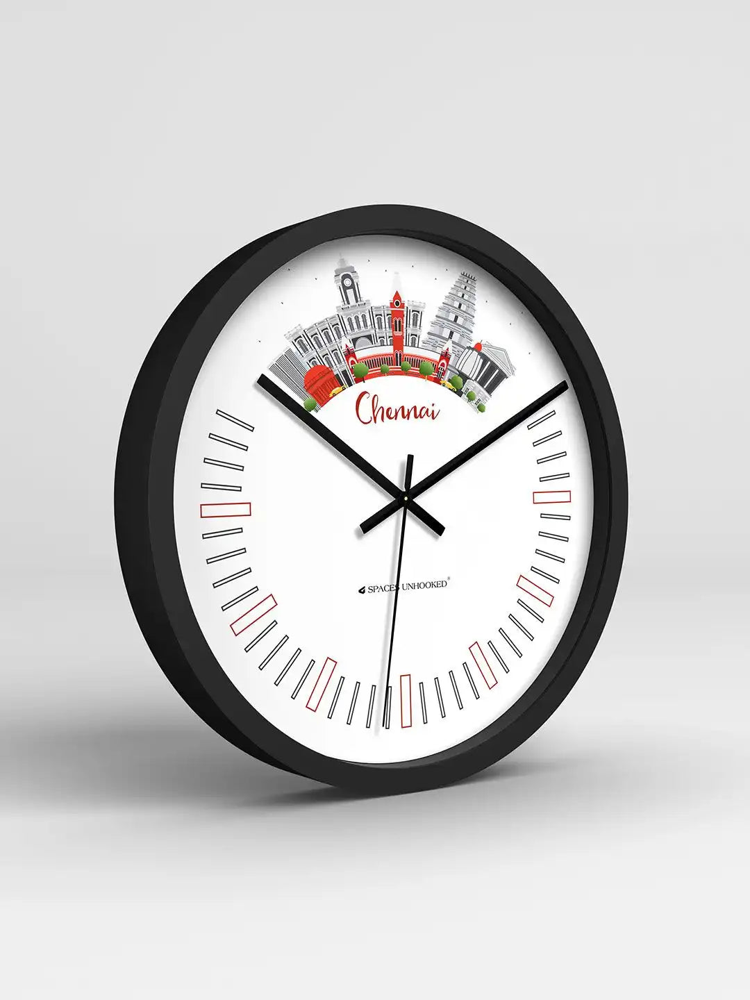 Grey – Premium wall clock in black frame shown at angled 3D view with Chennai skyline