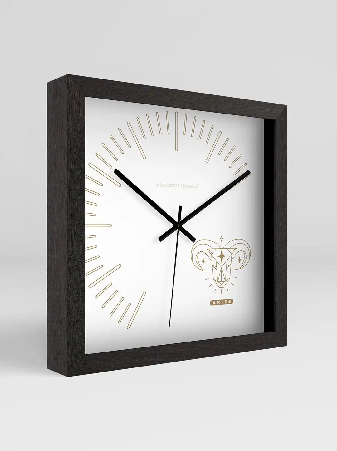 Spaces Unhooked Aries Zodiac Square Wooden Wall Clock with Dark Wood Frame and Gold Dial - Modern Wood Wall Clock for Living Room