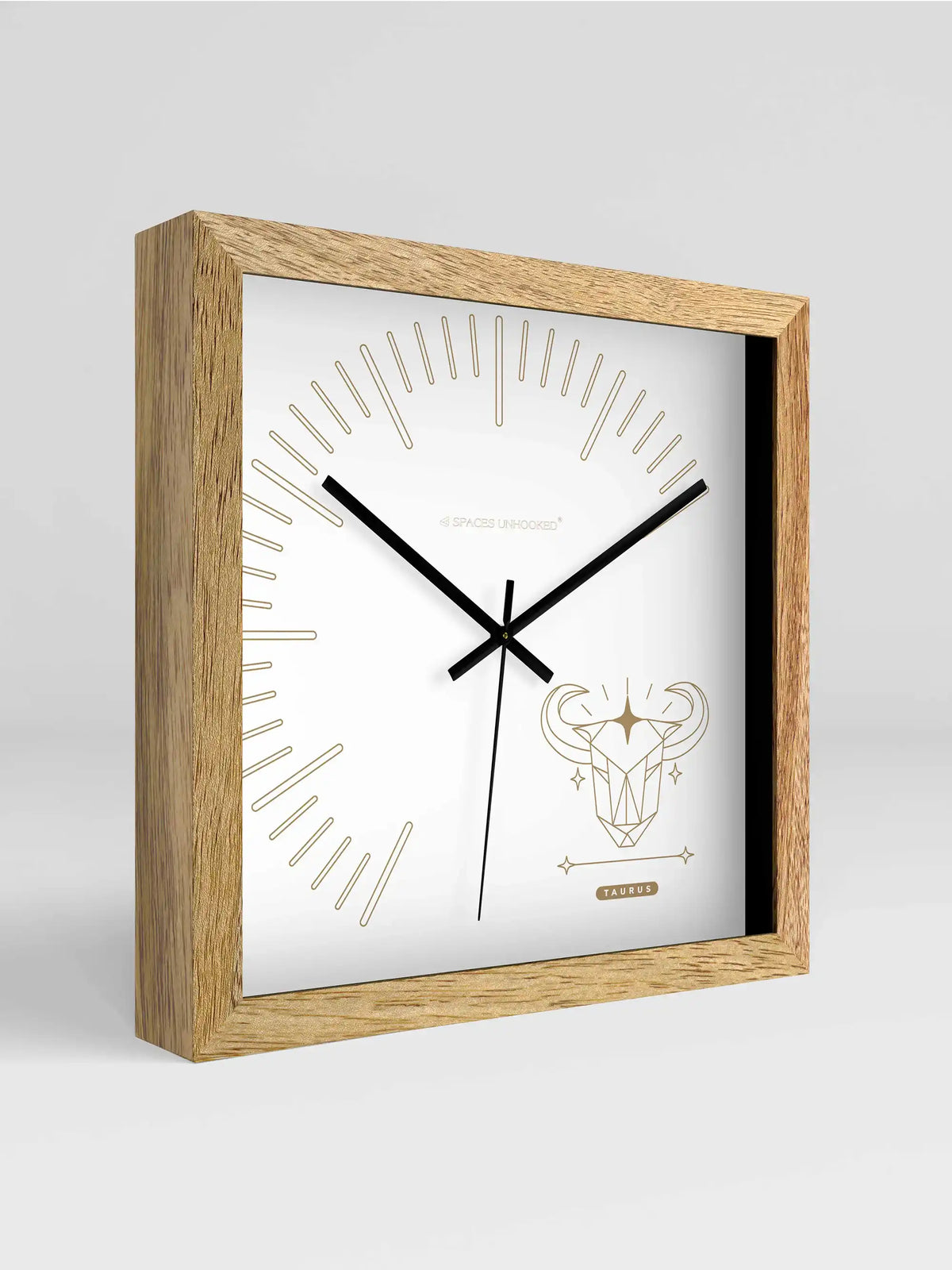Taurus Zodiac Wall Clock Close-Up Showing Natural Wood Frame and Minimalist Dial Design