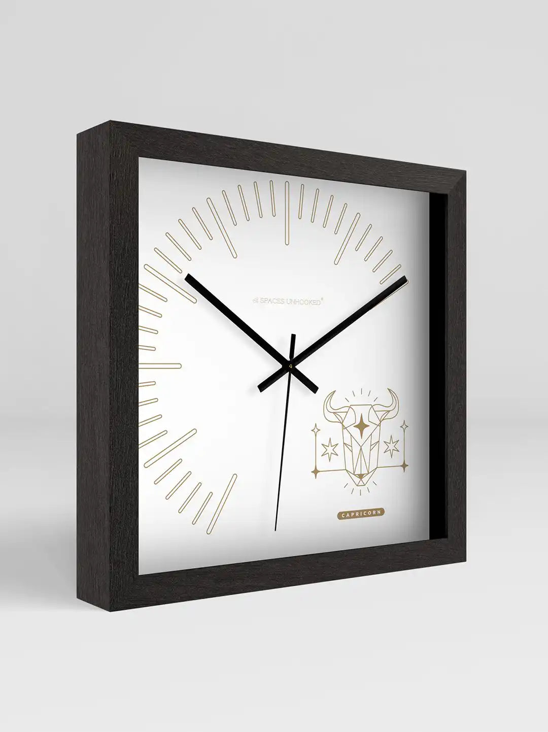 3D Side View of Dark Wood Frame Square Wooden Wall Clock with Gold Capricorn Zodiac Dial - Large Wooden Wall Clock