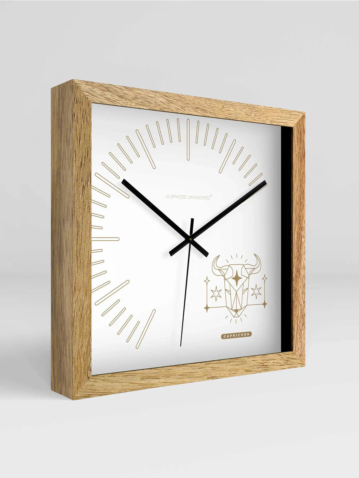 Capricorn Zodiac Square Light Wood Wall Clock – Front View Natural Oak Frame White Dial | Spaces Unhooked