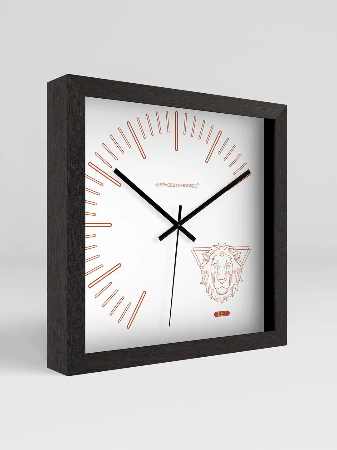 3D Side View of Dark Wood Frame Square Wooden Wall Clock with Copper Leo Zodiac Lion Dial - Large Wooden Wall Clock
