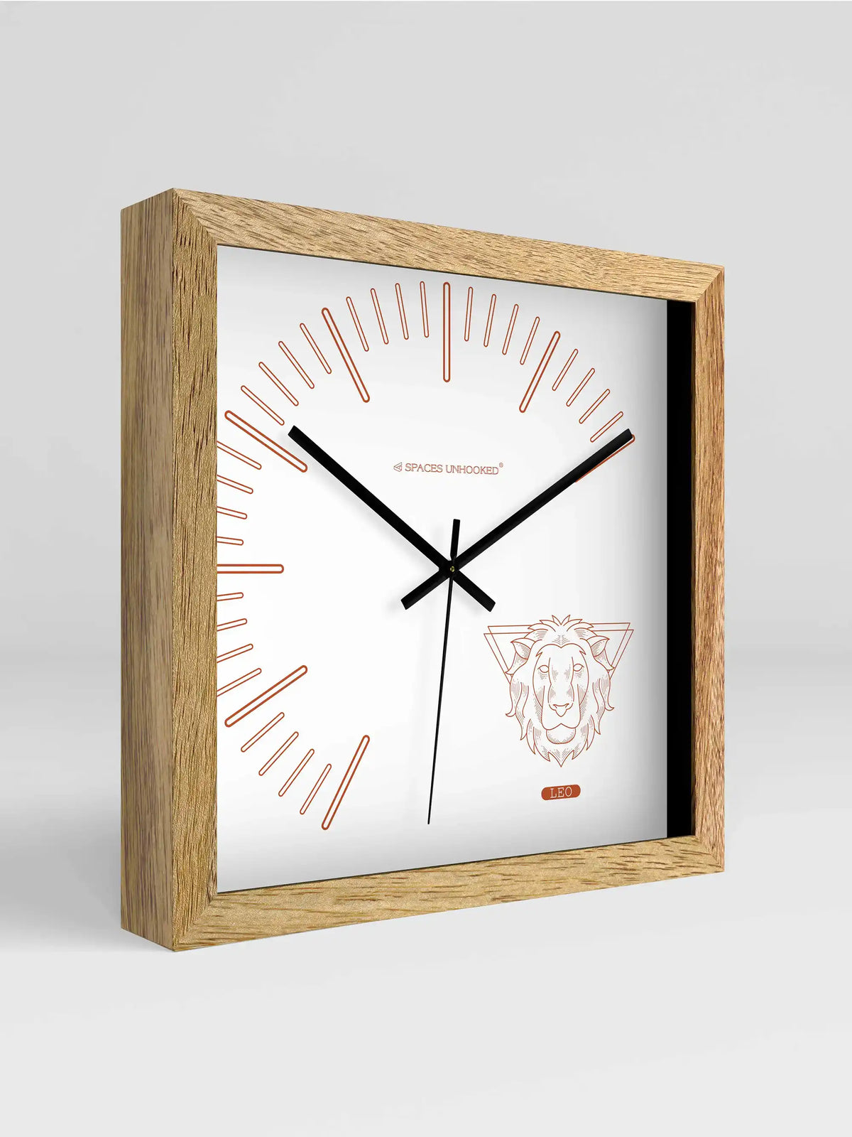 Leo Zodiac Square Light Wood Wall Clock – Front View Natural Oak Frame White Dial | Spaces Unhooked