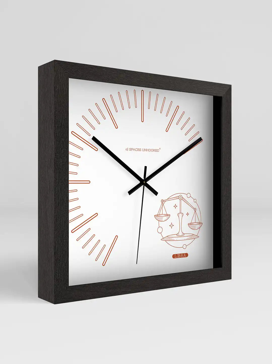 3D Side View of Dark Wood Frame Square Wooden Wall Clock with Copper Libra Scales Zodiac Dial - Large Wooden Wall Clock