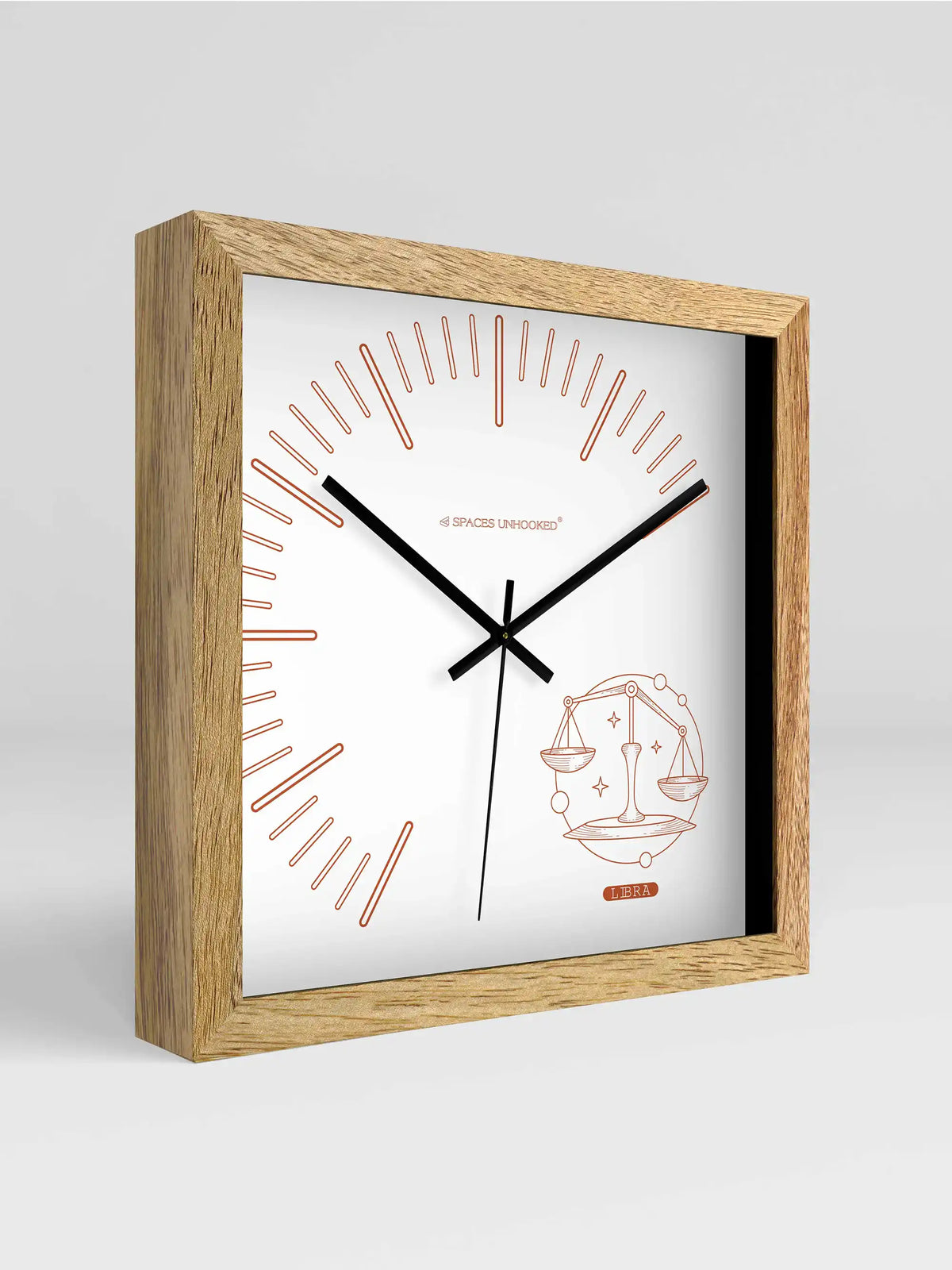 Libra Zodiac Square Light Wood Wall Clock – Front View Natural Oak Frame White Dial | Spaces Unhooked