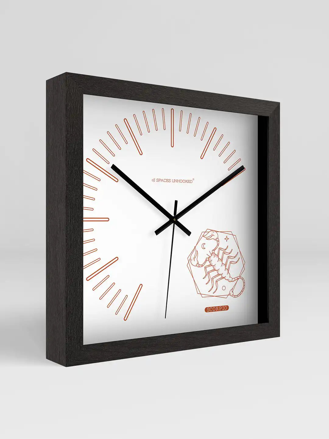 3D Side View of Dark Wood Frame Square Wooden Wall Clock with Copper Scorpio Zodiac Dial - Large Wooden Wall Clock