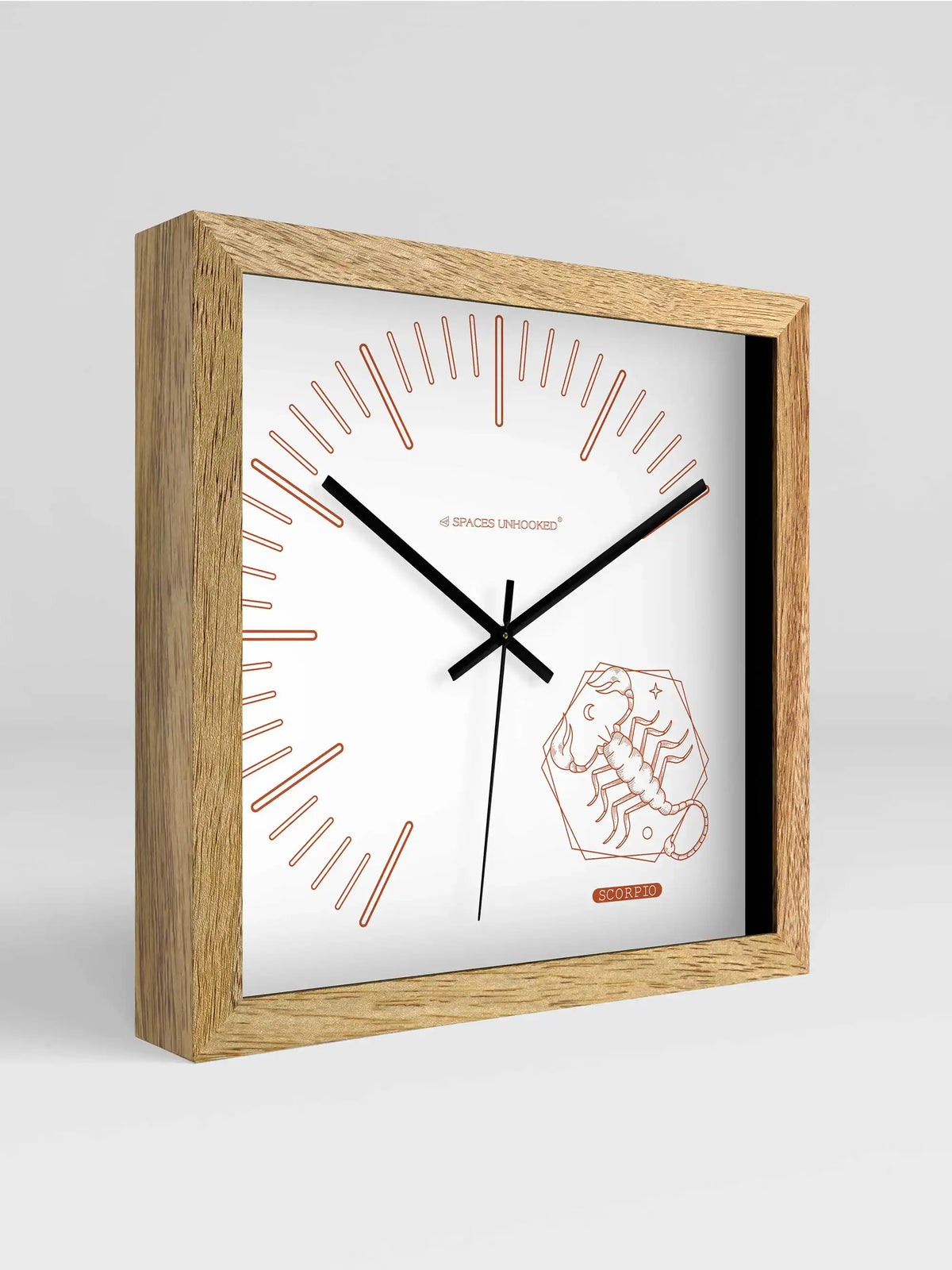 Scorpio Zodiac Square Light Wood Wall Clock – Front View Natural Oak Frame White Dial | Spaces Unhooked