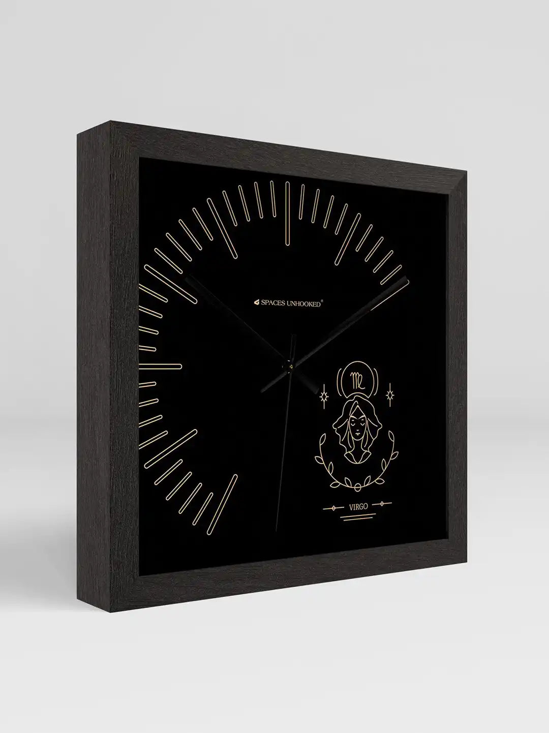 Virgo Zodiac Square Wooden Wall Clock – Dark Wood Frame Black Dial 3D View | Spaces Unhooked