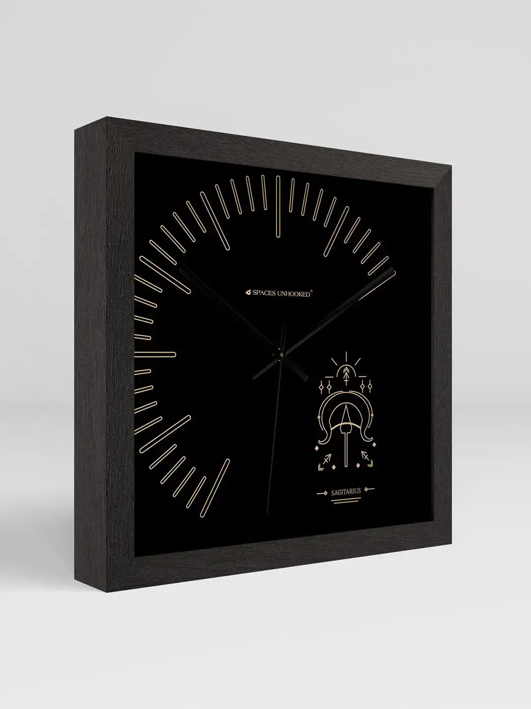 Sagittarius Zodiac Square Wooden Wall Clock – Dark Wood Frame Black Dial 3D View | Spaces Unhooked