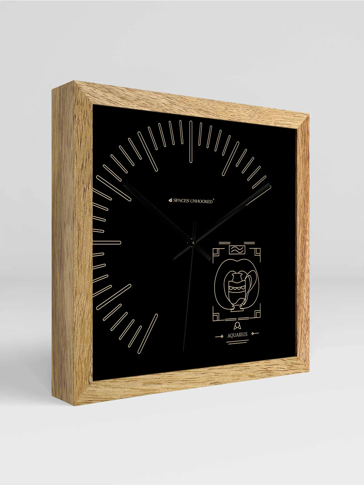 Aquarius Zodiac Wall Clock Close-Up Highlighting Natural Wooden Frame and Minimalist Black Dial